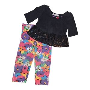 Vintage Floral Leggings and Black Lace Top Set Size Toddler 3